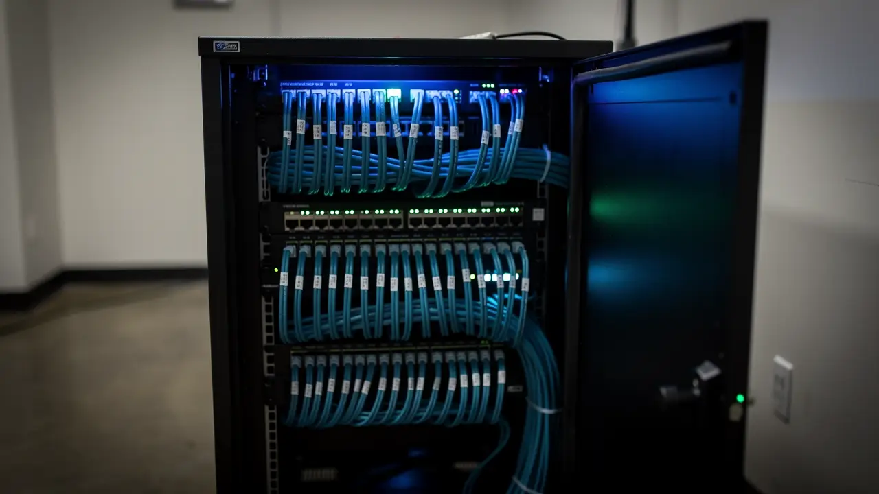 A network cabinet with structured ethernet cabling combed into labelled bundles at the patch panel.