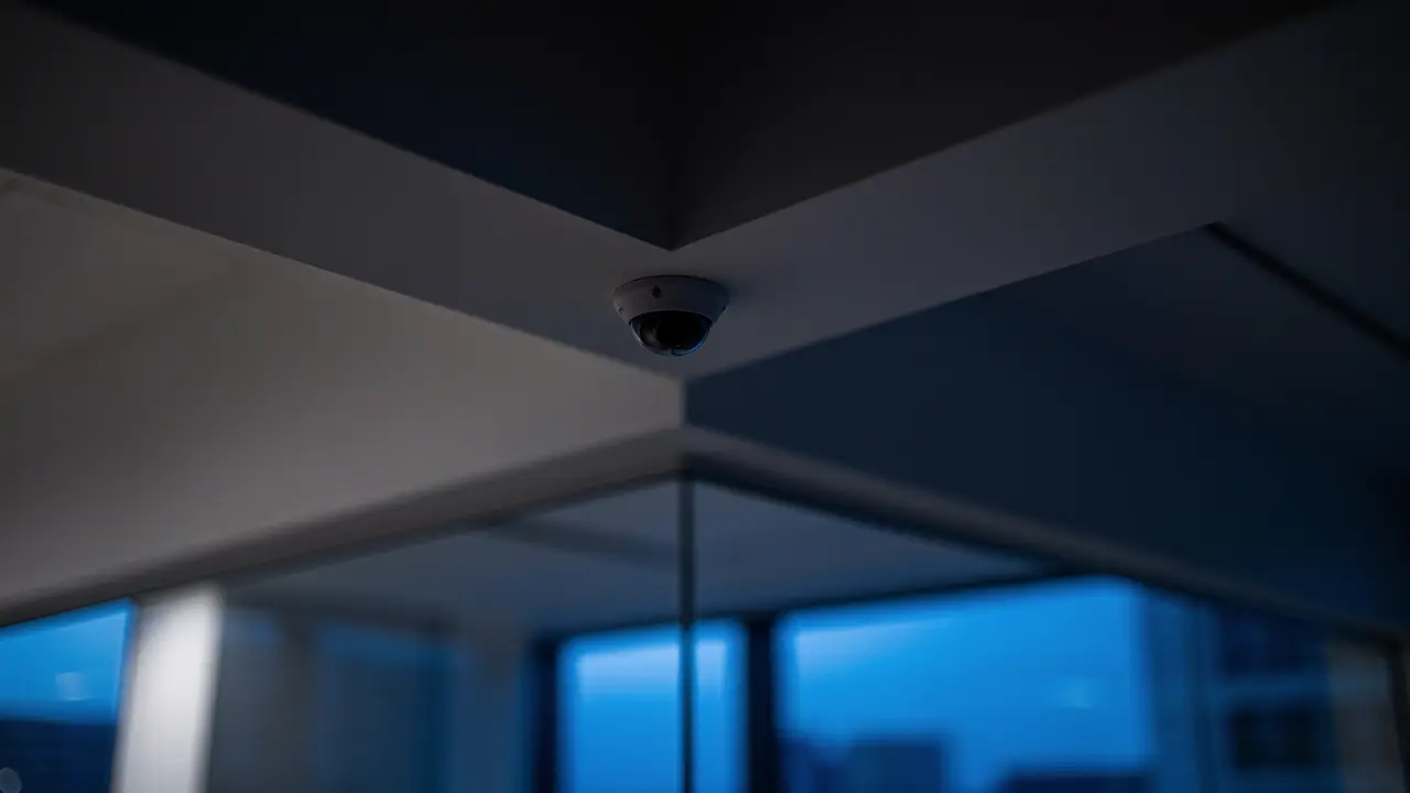 A small dome security camera mounted flush into a ceiling corner of a dark office at dusk.